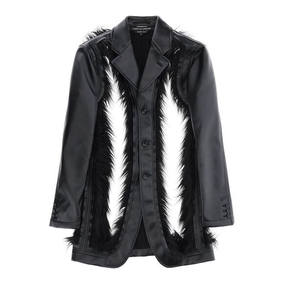 Men's Destroyed Faux Leather Blazer with Eco-Fur Trims (Black, FW23) - Picture 1 of 4